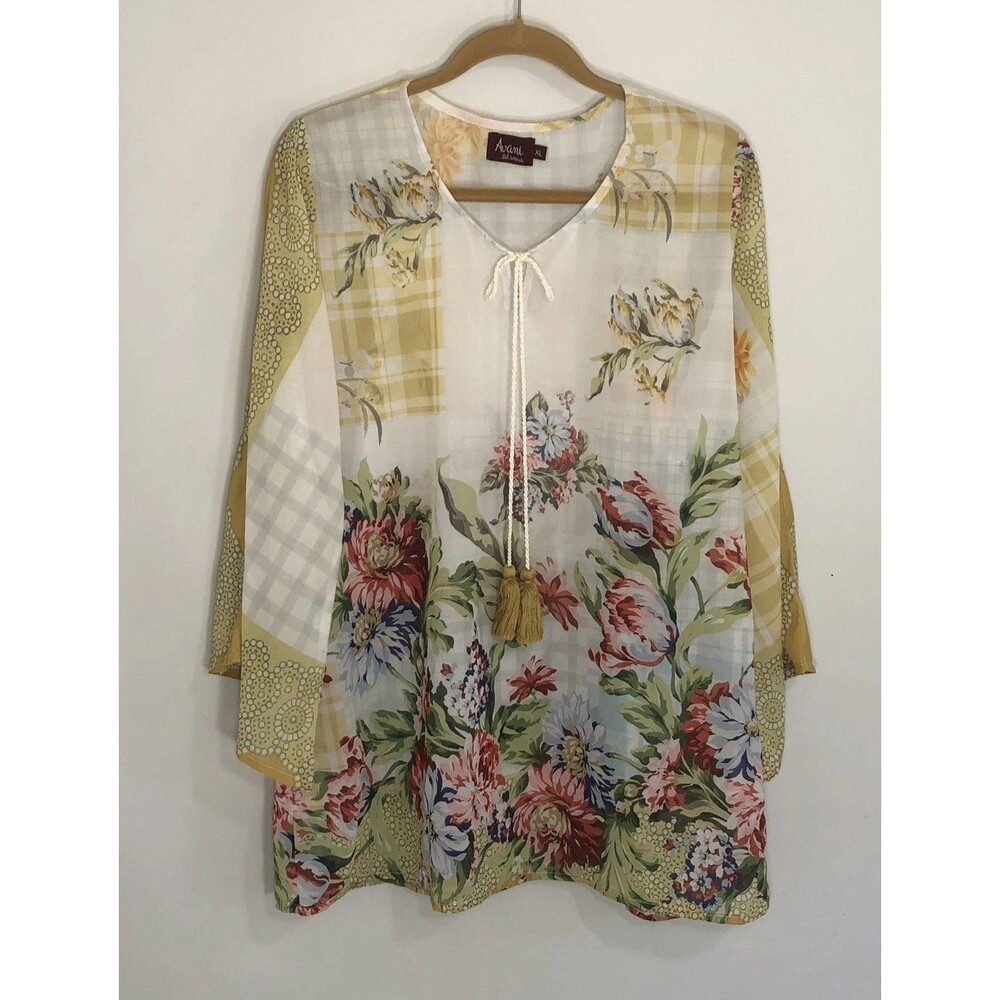 Womens Avani Del Amour Boho Style Floral Blouse W/ Tassels Kimono Sleeves  XL